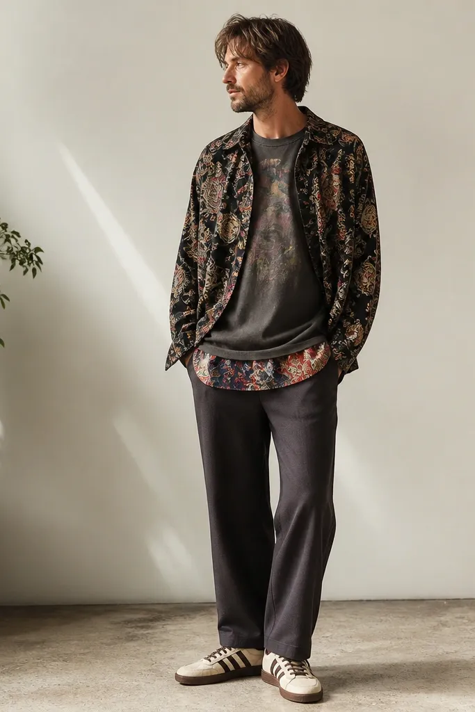 Man wearing a patterned babydoll-style shirt layered over a larger graphic t-shirt, with relaxed trousers and retro sneakers; bright pattern visible at the hem.