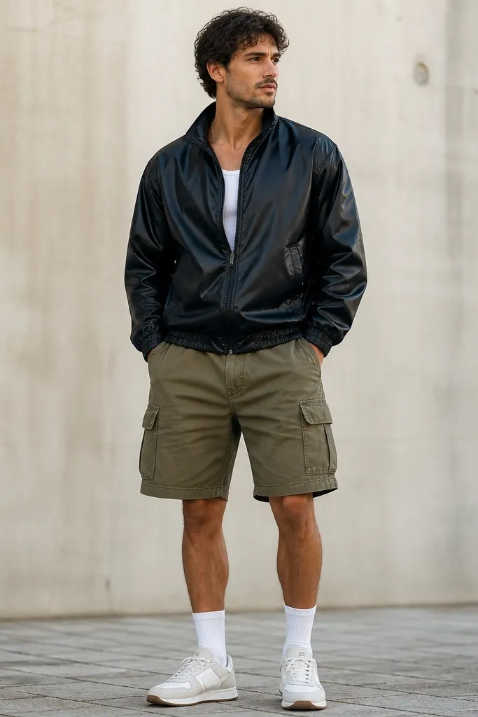 A man in a shiny black track jacket with a small chest logo, paired with olive cargo shorts. He wears white crew socks and low-top sneakers. The jacket is unzipped halfway and the shorts have cargo pockets clearly visible.