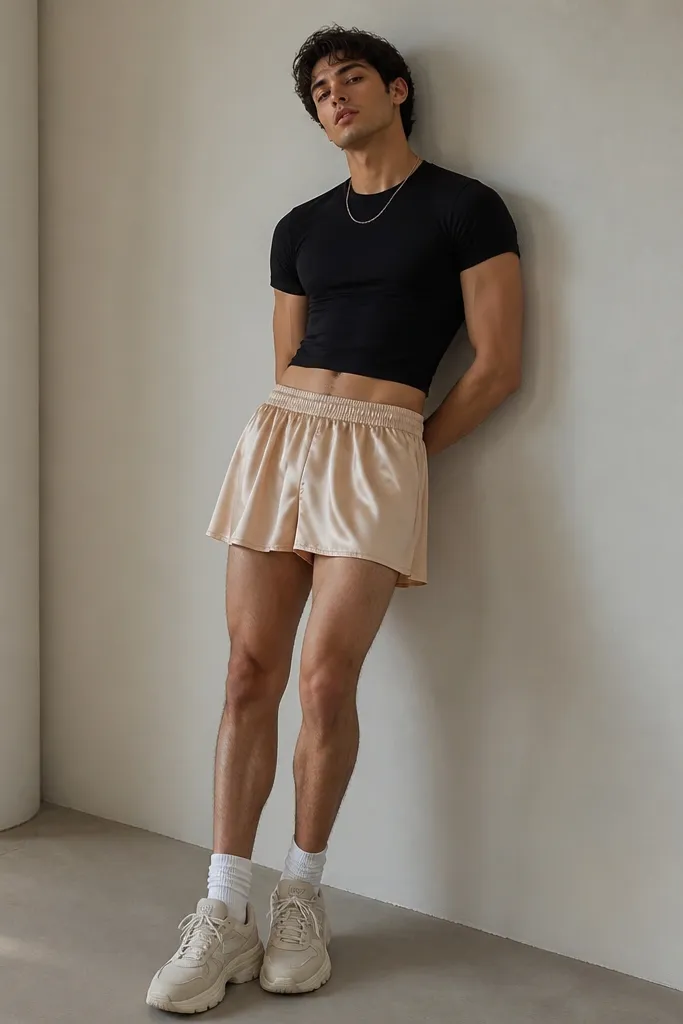 A man styled in satin-like shorts that drape like a mini skirt, paired with a fitted baby tee. The shorts are light champagne with a soft sheen, and the tee is black. He wears chunky sneakers and a thin necklace.
