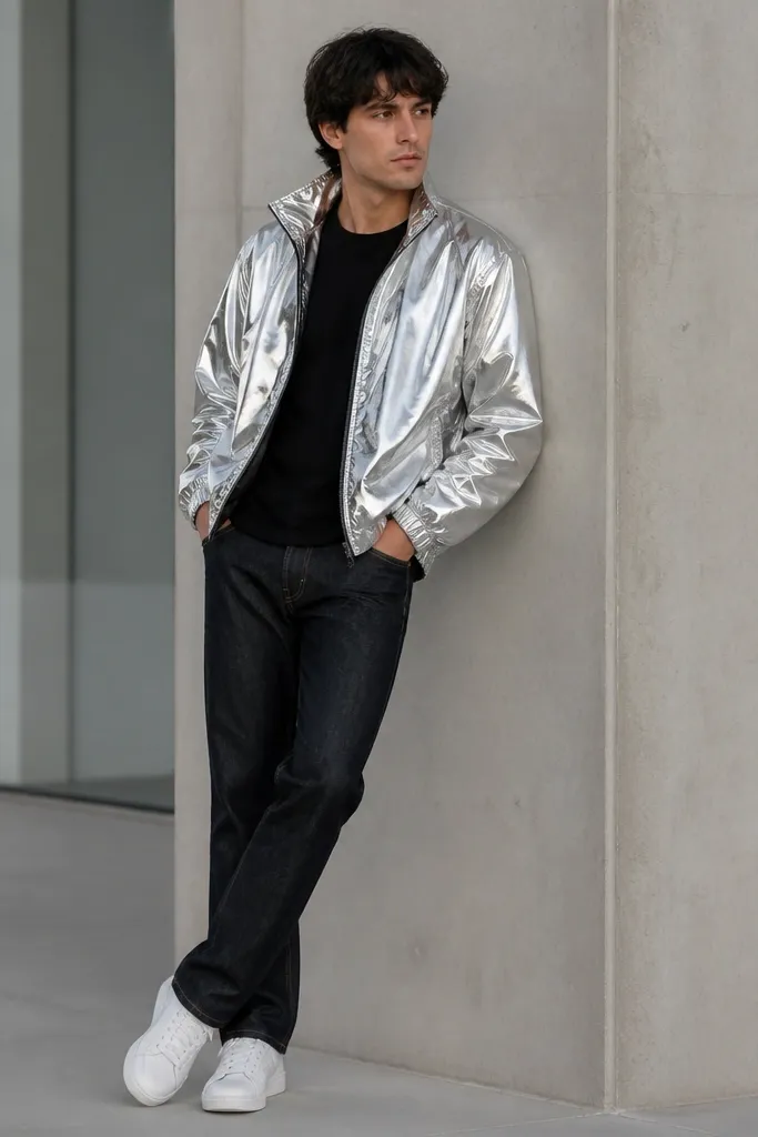 A man wearing a metallic silver windbreaker with a high collar over a plain black tee. He has straight-leg jeans in dark wash and wears white sneakers. The jacket reflects light like foil.