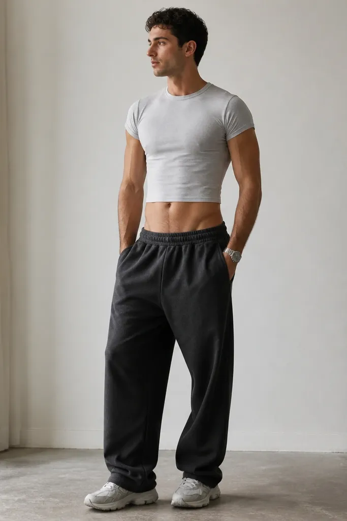 A man in a cropped baby tee (light gray) paired with low-slung sweatpants in charcoal. The waistband sits slightly lower, showing a hint of the midsection. He wears chunky sneakers and a wristwatch.