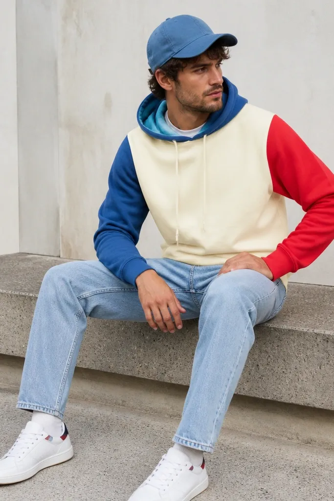 A man wearing a color-block hoodie with two or three panels in bright but not neon colors (blue, cream, and red). He pairs it with light-wash jeans and a matching baseball cap. Sneakers are white with subtle accents.