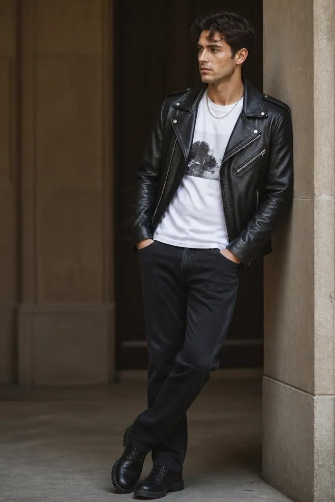A man in a black faux-leather moto jacket with zippers, worn over a white graphic tee. He pairs it with straight-leg dark jeans. A silver chain necklace and black boots or chunky sneakers are visible.
