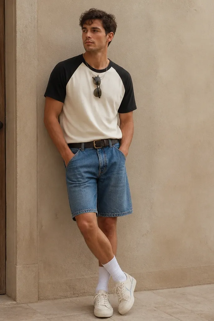 A man wearing a ringer T-shirt with contrasting sleeves (cream body with black sleeves) and Bermuda shorts in washed blue. He has a belt, white socks, and low-top sneakers. A simple chain and sunglasses rest on his chest.