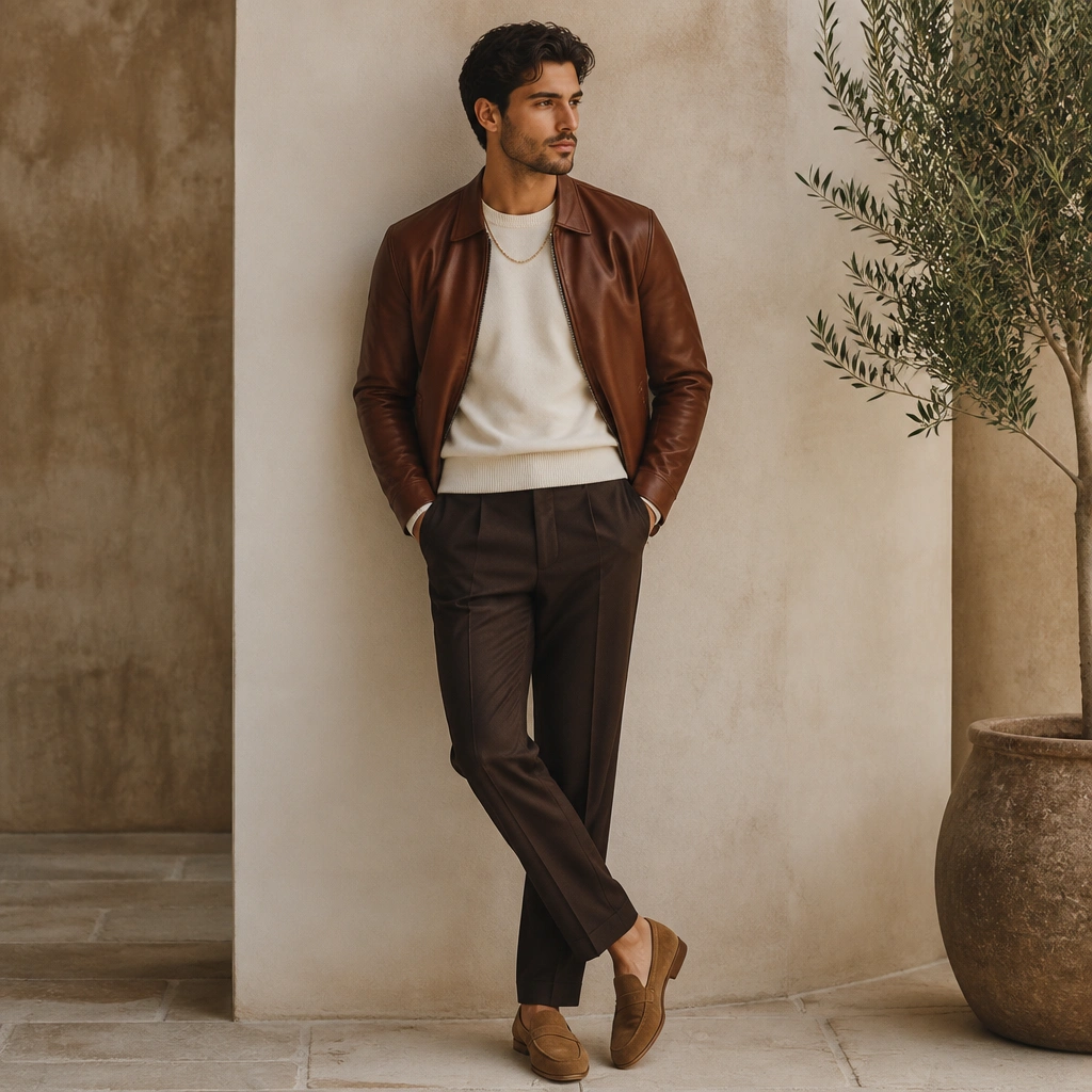 A medium-brown leather jacket over a cream crewneck sweater, styled with chocolate-brown tailored trousers and tan suede loafers; slim gold chain visible at the collar.
