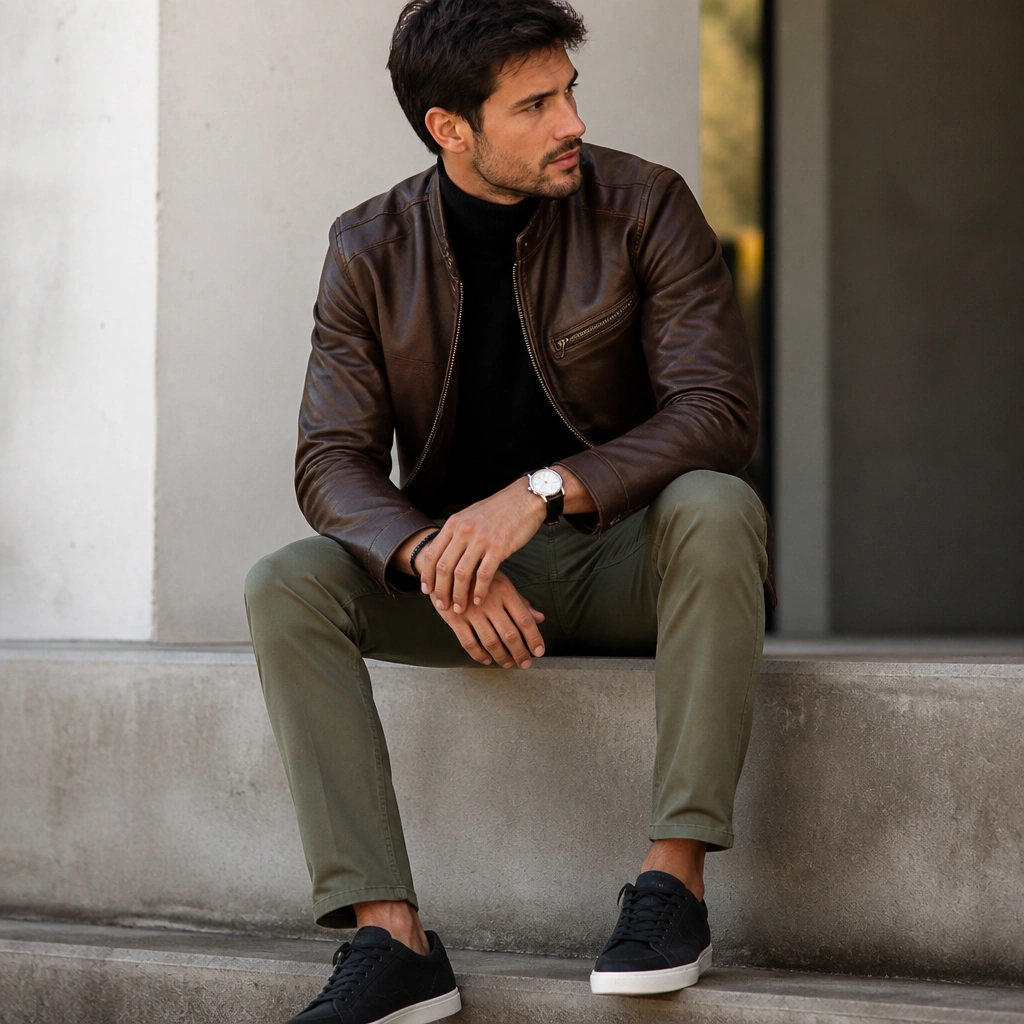 Brown leather jacket worn over a black turtleneck, paired with olive chinos; a silver watch and a simple leather bracelet; dark sneakers.