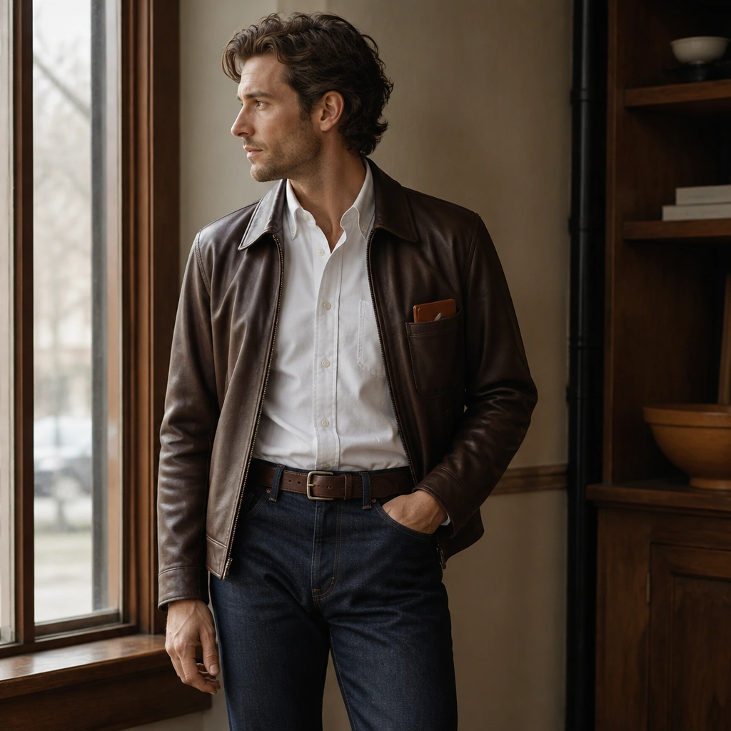 A brown leather jacket over a crisp white Oxford button-down, tucked into straight-leg selvedge denim; brown leather belt and a simple leather cardholder in the jacket pocket.