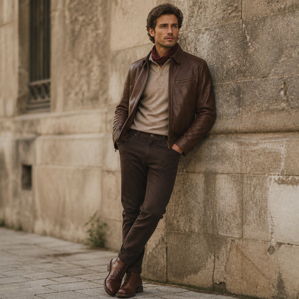 A brown leather jacket with an oxblood scarf peeking at the neck, layered over a tan henley; dark brown denim jeans; burgundy lace-up boots.