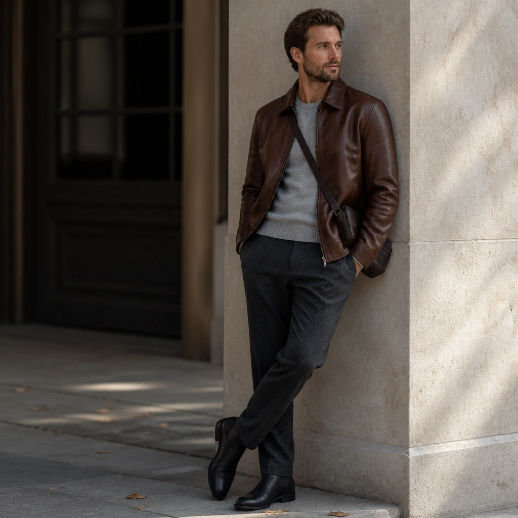A chestnut-brown leather jacket over a light gray crewneck sweater, paired with charcoal wool trousers and black Chelsea boots; a structured crossbody bag.
