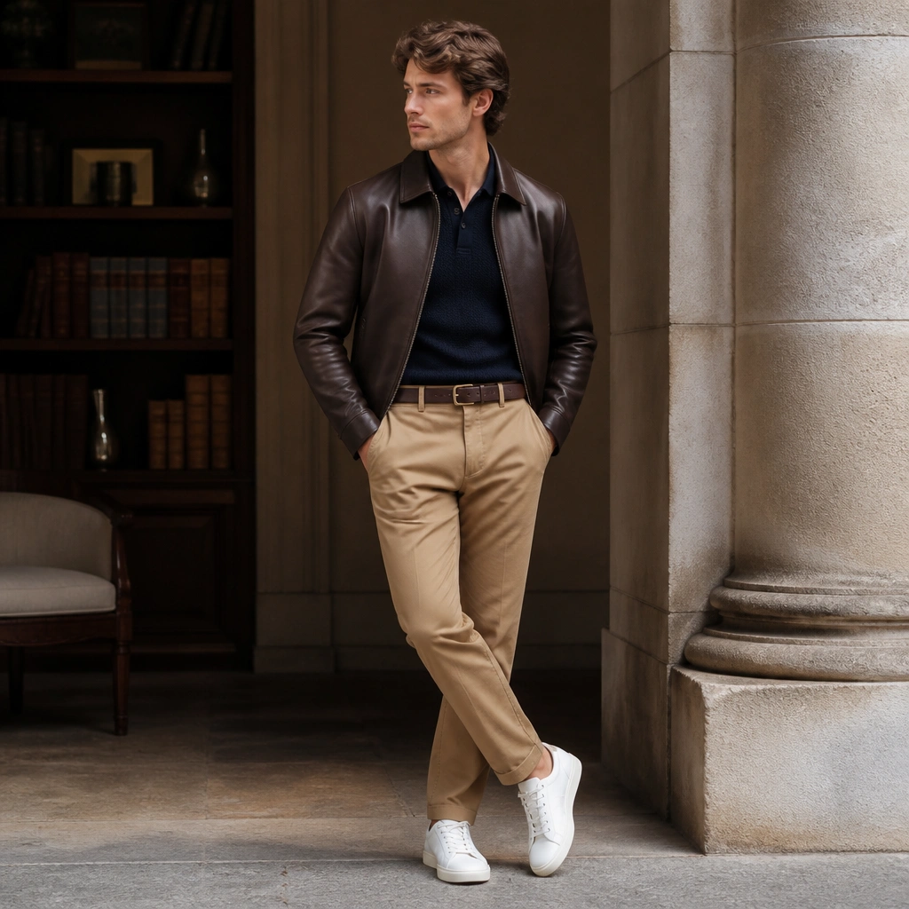 Brown leather jacket worn over a navy knit polo, paired with camel chinos; white leather sneakers and a simple belt with a small gold buckle.