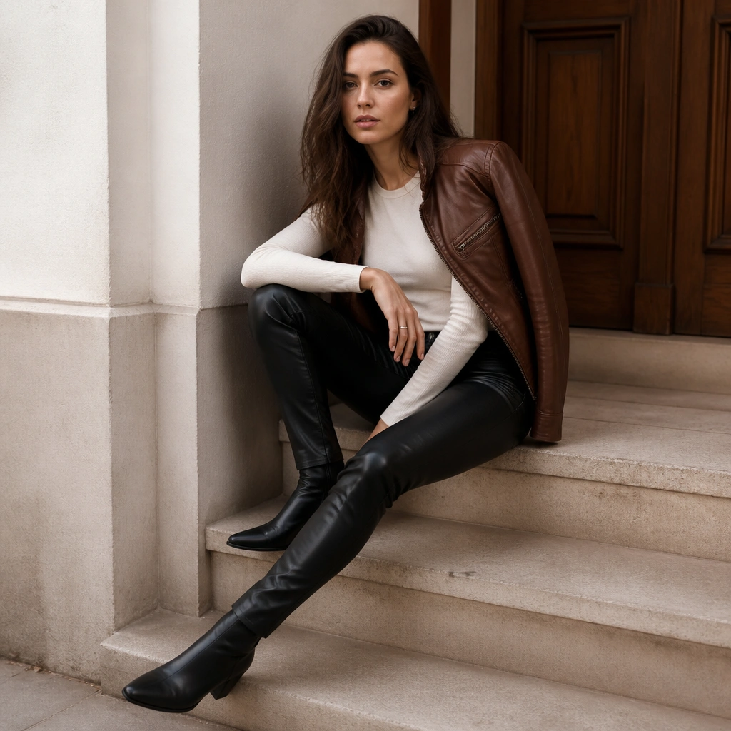 A brown leather jacket over a cream fitted long-sleeve top, styled with black leather pants or coated denim; sleek black ankle boots.
