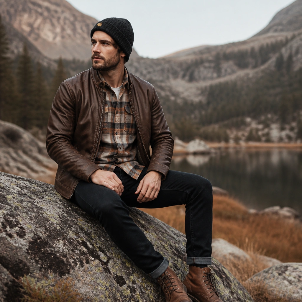 Brown leather jacket layered over a warm plaid flannel, with black jeans and brown lace-up boots; knit beanie optional.