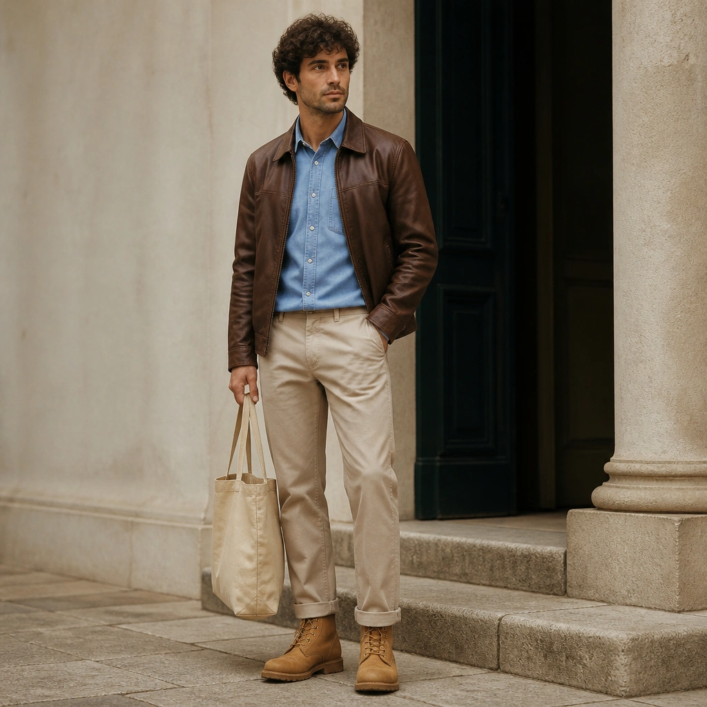 Brown leather jacket over a light blue denim button-up, worn with beige chinos and tan workwear boots; a canvas tote bag.