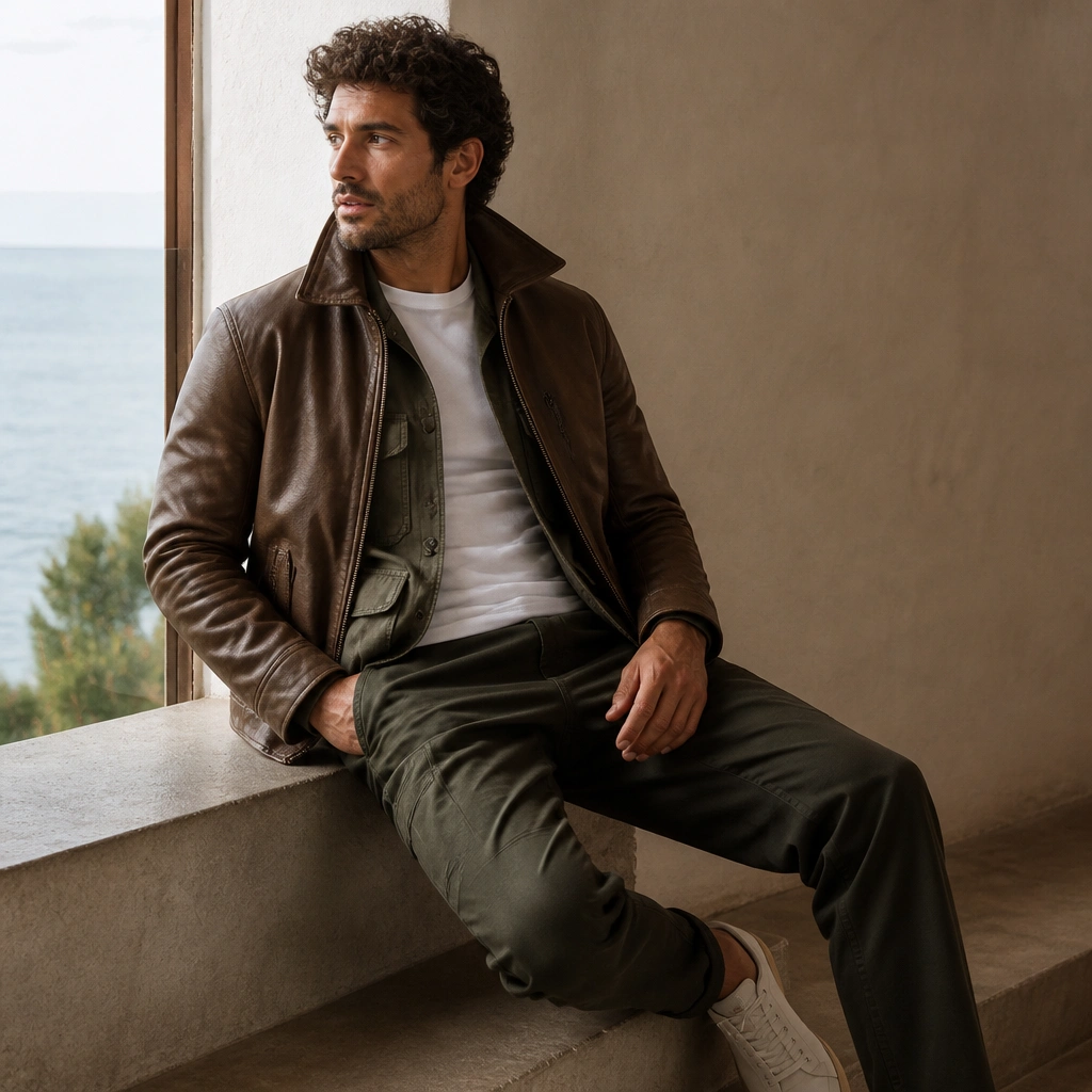 A brown leather jacket over a white fitted tee, with an olive utility vest underneath; dark olive pants and minimal sneakers.