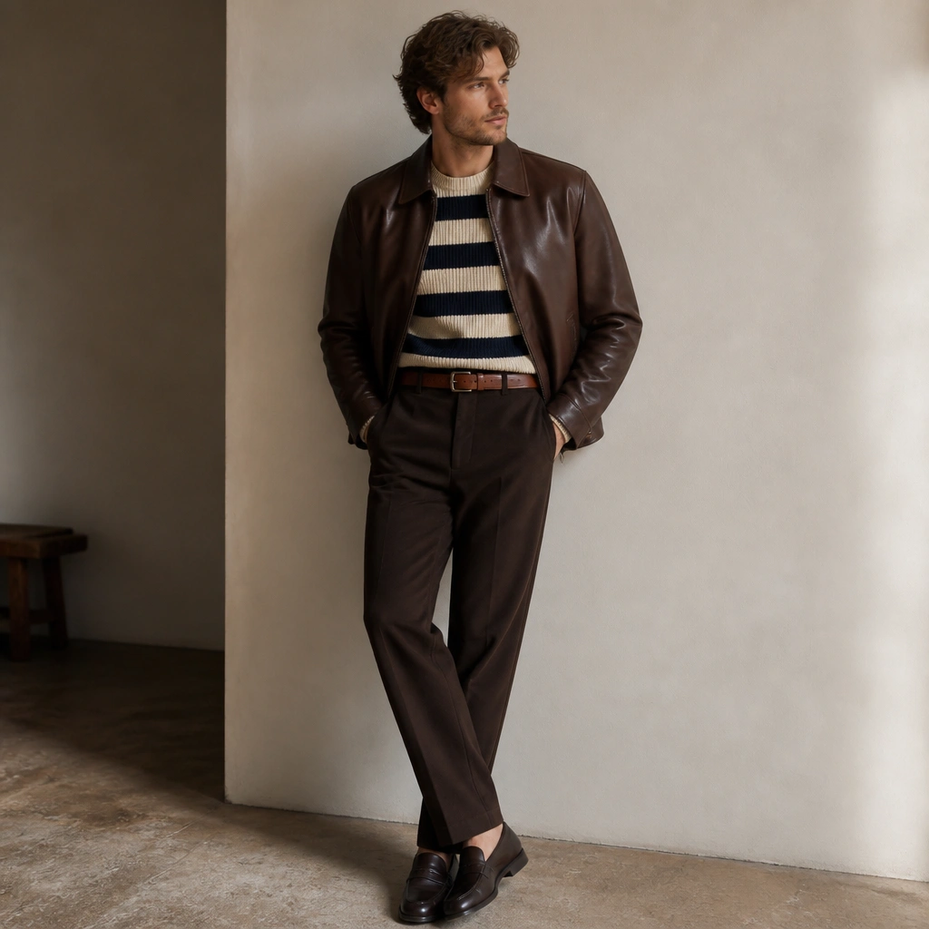Brown leather jacket over a dark-and-cream striped knit sweater, paired with espresso-brown trousers; cognac belt and dark loafers.