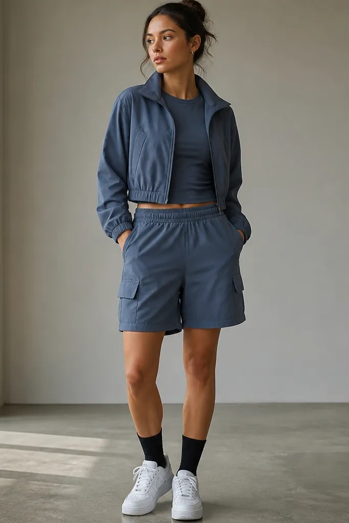 A cropped zip windbreaker in slate blue layered over a fitted tee, with matching slate cargo shorts and black crew socks with white sneakers.