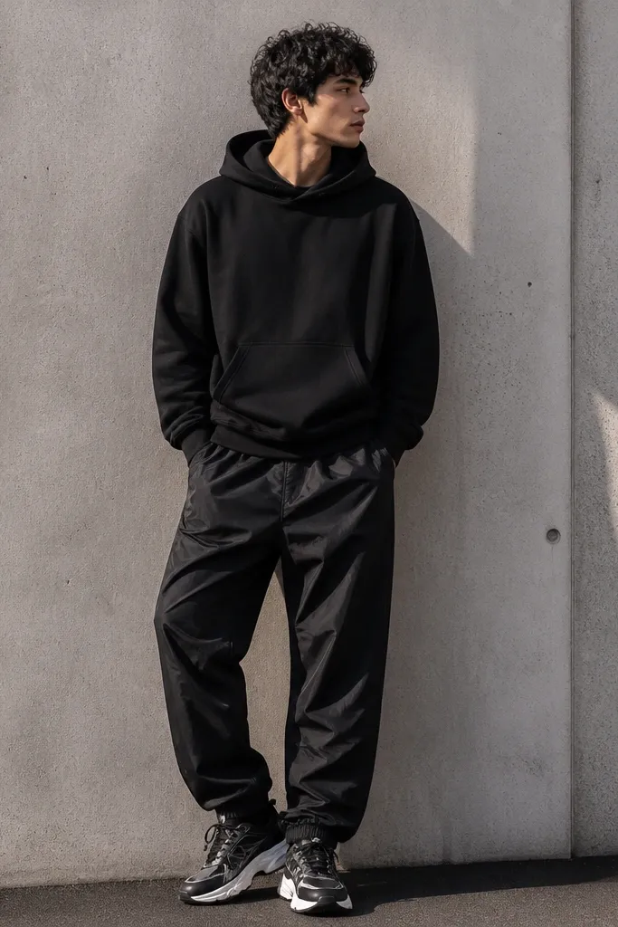 A black hoodie paired with black nylon track pants featuring a subtle sheen, plus chunky black-and-white sneakers.