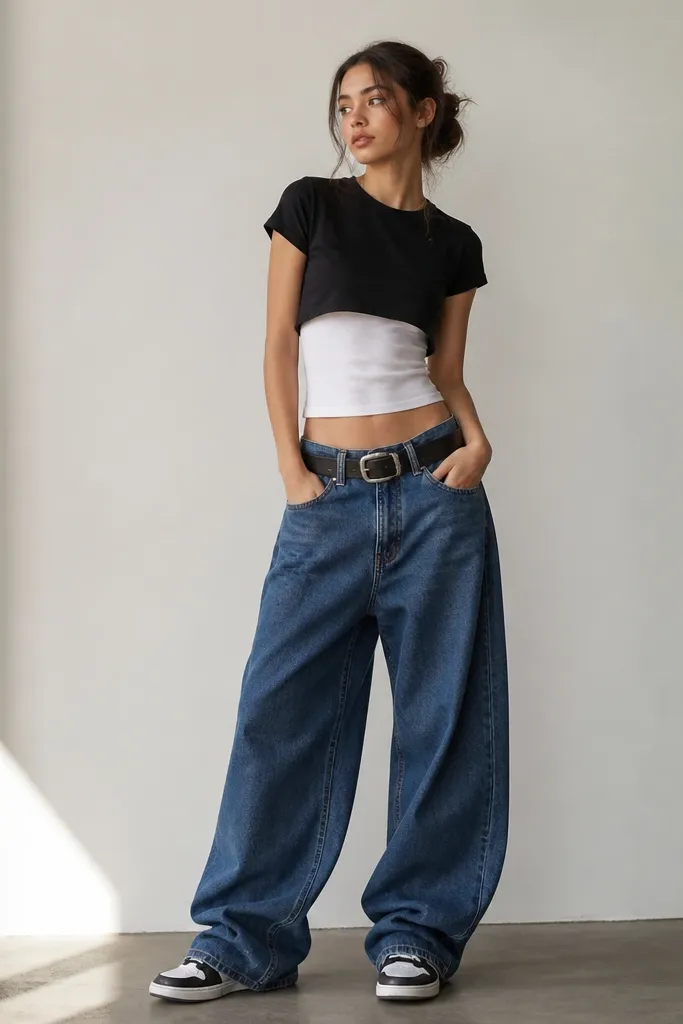 A cropped graphic baby tee layered over a fitted tank, with oversized indigo jeans cinched using a chunky belt; black-and-white sneakers complete the look.