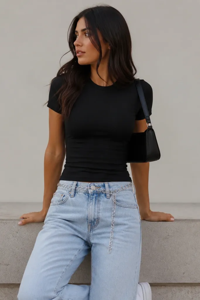 A black fitted tee with a silver chain belt over light denim bottoms, styled with a mini shoulder bag and clean white sneakers.