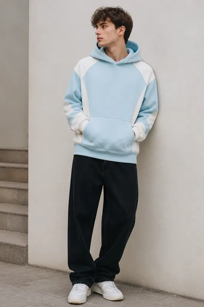 A color-block hoodie with icy blue panels and white accents, worn with black baggy jeans and white retro sneakers.