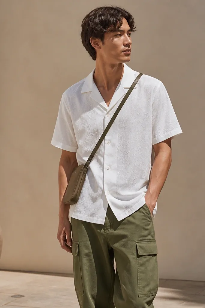 A short-sleeve button-up with a club collar in white with subtle pattern, paired with olive cargo pants and a mini crossbody bag.