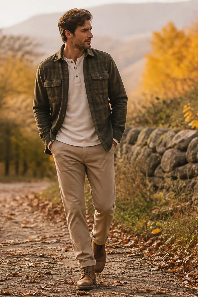 An olive green flannel overshirt worn open over a cream shirt, with tan chinos and brown rugged work boots. The outfit is photographed in warm fall light.