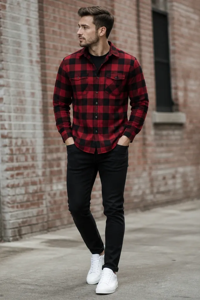 A red buffalo check flannel worn buttoned up over a black crewneck, paired with black slim jeans and clean white low-top sneakers. The photo shows a casual street-style stance.