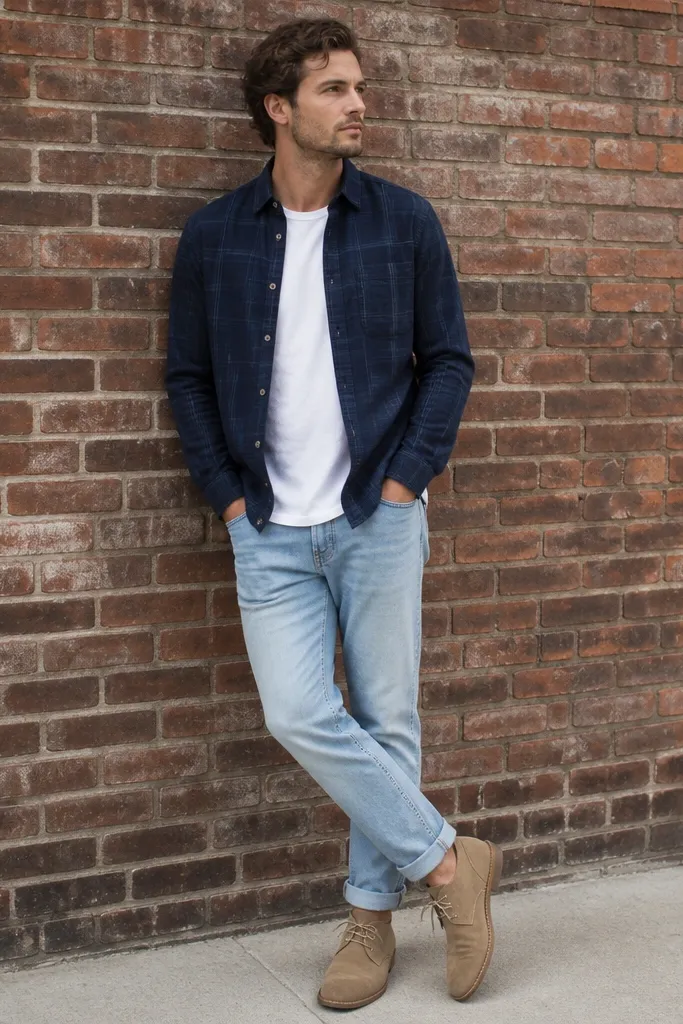 A navy flannel button-up over a white tee, paired with light wash denim and tan suede desert boots. The outfit is set against a brick wall.
