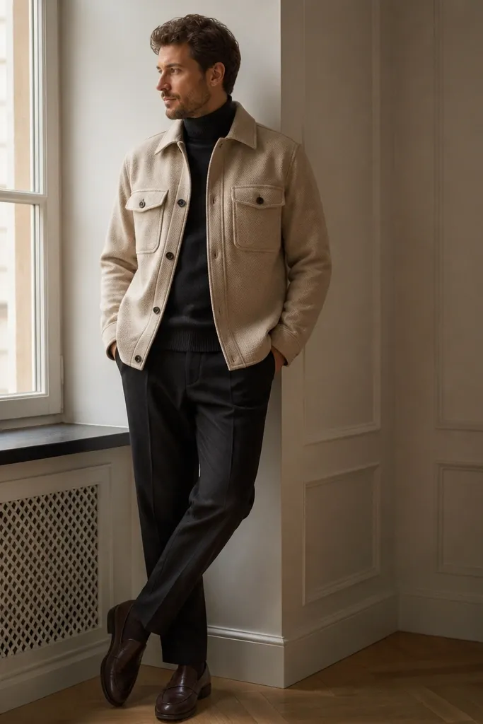 A beige flannel jacket with a subtle twill texture worn over a dark turtleneck, paired with dark straight trousers and brown leather loafers. The person is posed indoors near a window.