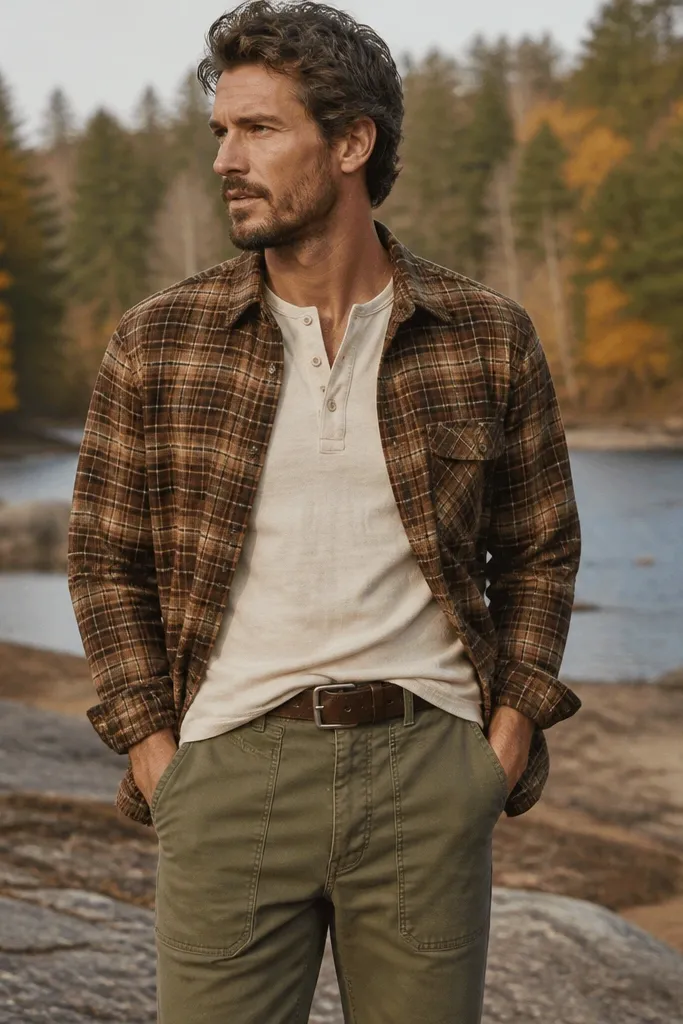 A brown plaid flannel worn half-tucked over a cream henley, paired with olive chore pants and a brown belt. The scene looks like a casual fall weekend outdoors.