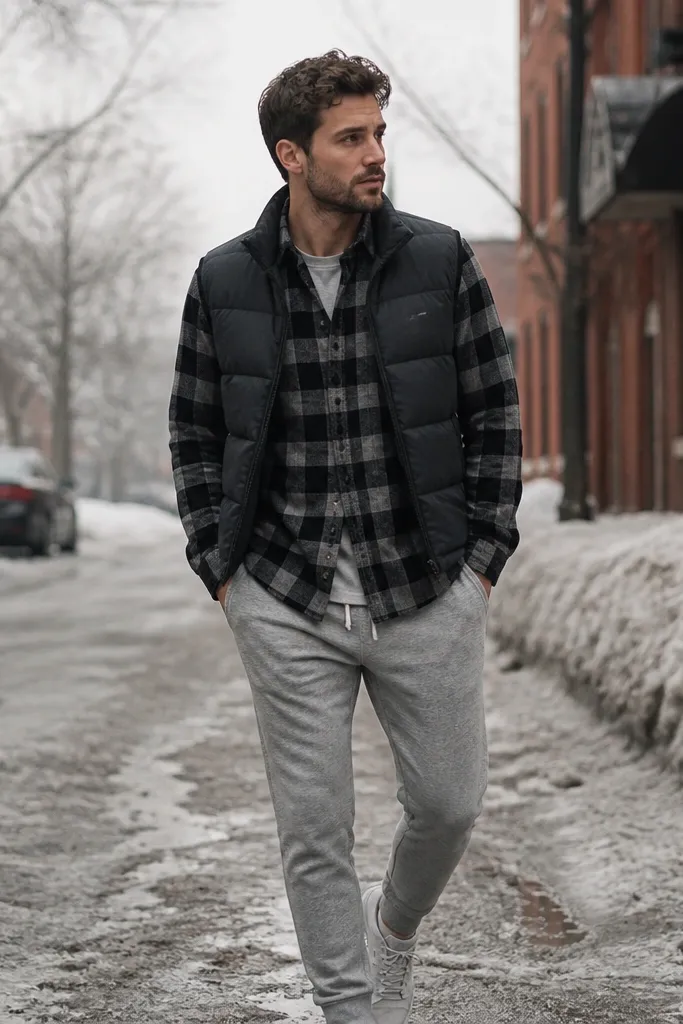 A black-and-gray flannel layered over a gray tee, with heather gray joggers and a dark puffer vest. The outfit is shown in a colder-weather street photo.