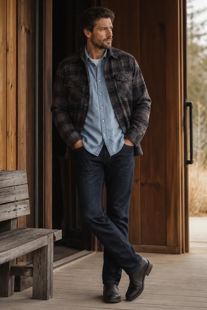 A light blue chambray button-up worn under an open flannel, with the flannel collar peeking around the neck. The person pairs it with dark straight jeans and dark boots.