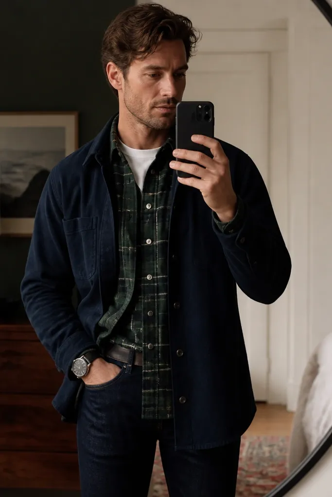 A green flannel worn under a navy overshirt, with a white tee visible at the neckline. Dark denim jeans and a simple watch complete the look in an indoor mirror photo.