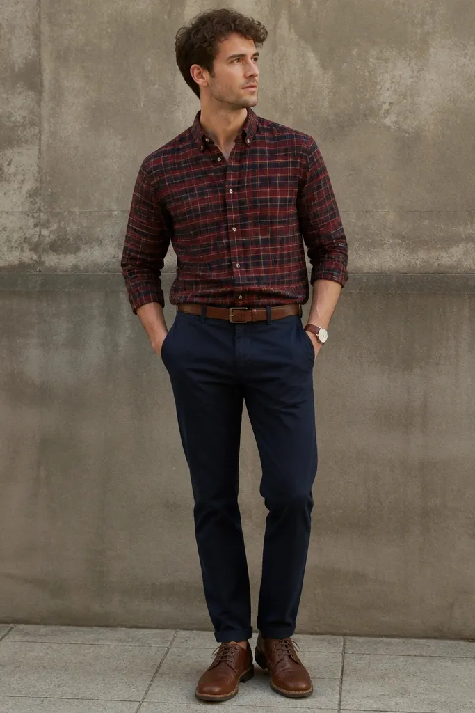 A burgundy flannel button-up paired with navy chinos, a brown leather belt, and a minimal watch. The outfit is photographed standing outdoors with a neutral background.