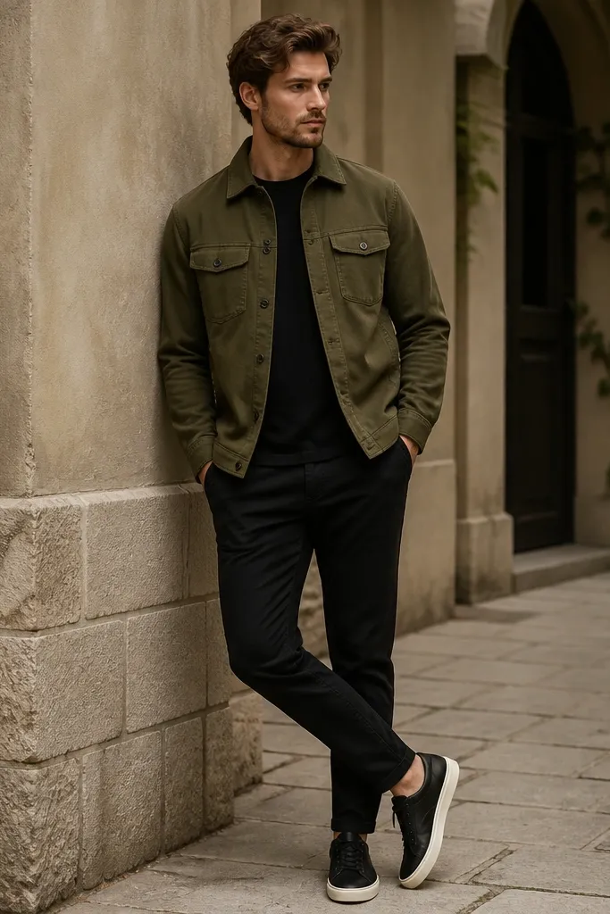 An olive-green flannel jacket buttoned halfway, layered over a black crew-neck tee, with black slim chinos and minimalist sneakers.