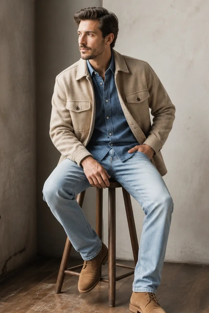 A beige flannel jacket worn open over a chambray-style denim shirt, paired with light wash jeans and tan suede shoes.