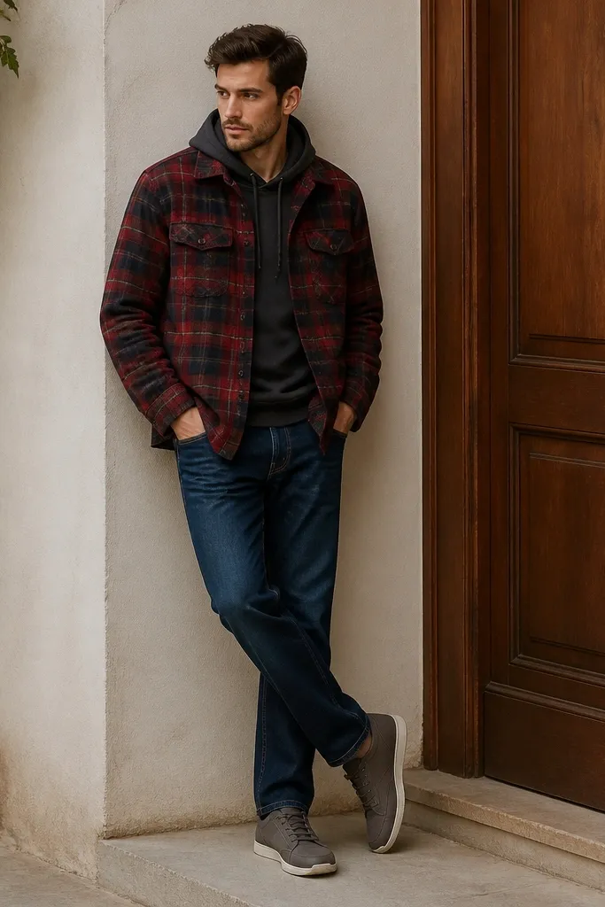 A red plaid flannel jacket layered over a charcoal hoodie, with straight-leg jeans and dark gray sneakers.