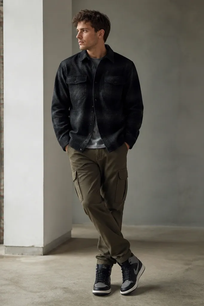 A black flannel jacket worn buttoned, with a heather gray t-shirt underneath, olive cargo pants, and black-and-gray high-top sneakers.
