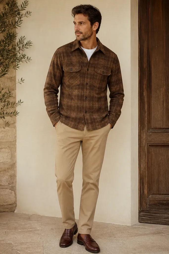A warm brown flannel jacket buttoned over a white t-shirt, paired with khaki chinos and brown leather loafers.