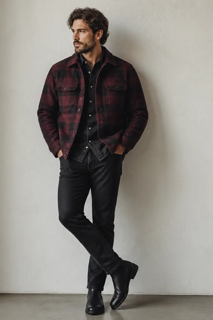 A burgundy flannel jacket worn over a black denim shirt, paired with black jeans and black Chelsea boots.