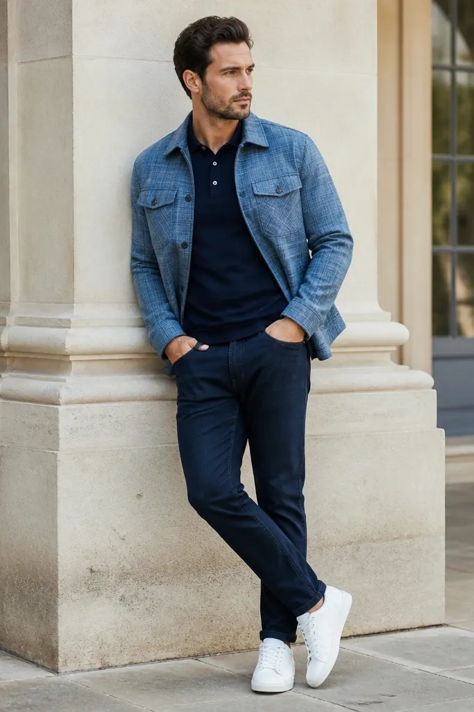 A light blue flannel jacket open over a navy polo shirt, with navy jeans and white sneakers.