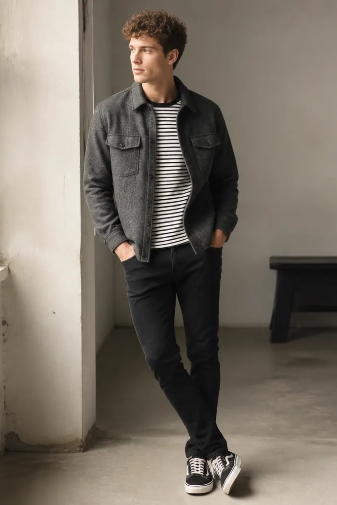 A gray flannel jacket over a black-and-white striped t-shirt, paired with black slim jeans and low-profile sneakers.