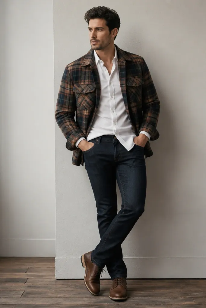 A plaid flannel jacket worn open over a white button-down shirt with a French tuck, paired with dark wash jeans and brown lace-up shoes.