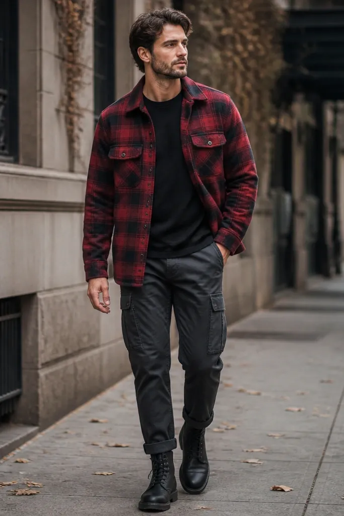 A red and black buffalo plaid flannel worn as a shirt jacket, open over a dark crewneck; charcoal cargo pants are cuffed slightly and paired with black boots; urban sidewalk background.