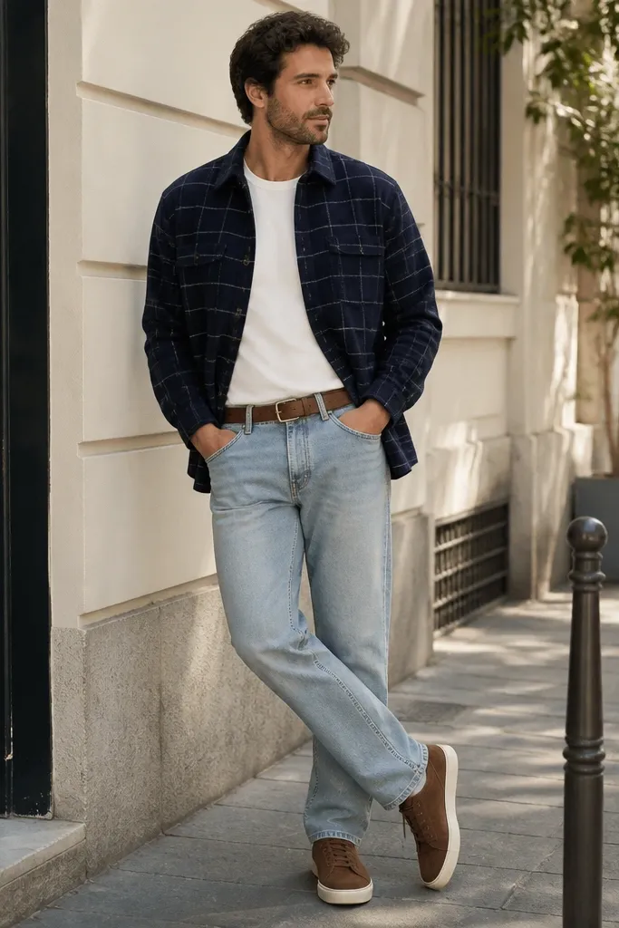 A navy flannel overshirt over a white t-shirt, with light wash straight denim and a brown leather belt; brown suede sneakers complete the look in a bright daylight street scene.