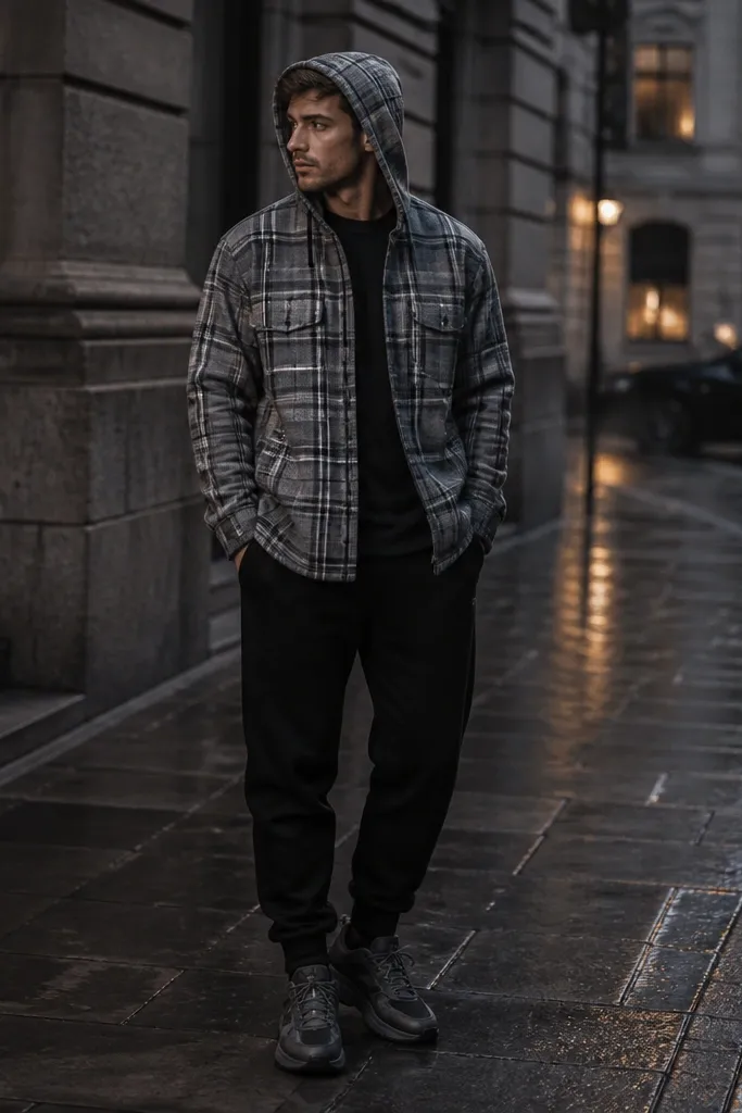 A grey plaid flannel hoodie layered over a black base layer, with black joggers and chunky trainers; the hood is up slightly and the lighting is moody, evening street style.