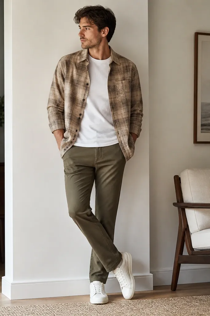 A tan flannel shirt worn open over a white tee, with olive chinos and minimal white sneakers; the outfit is styled in a casual indoor photo with neutral tones.