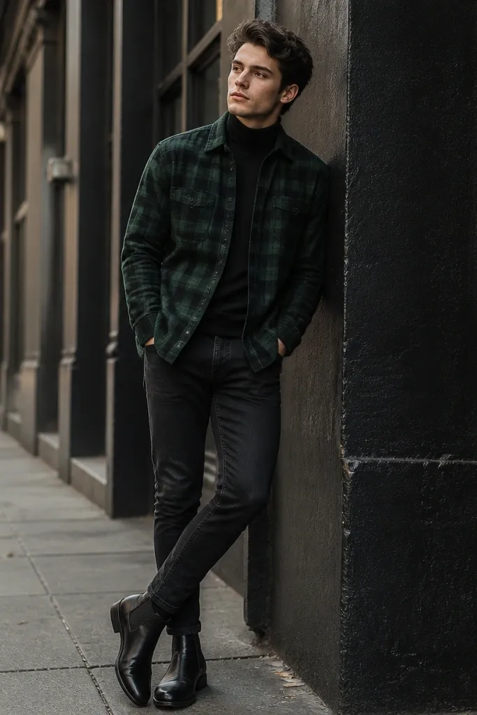 A forest green flannel button-up layered over a black turtleneck, with dark wash skinny jeans and black Chelsea boots; a tight, sleek streetwear composition.