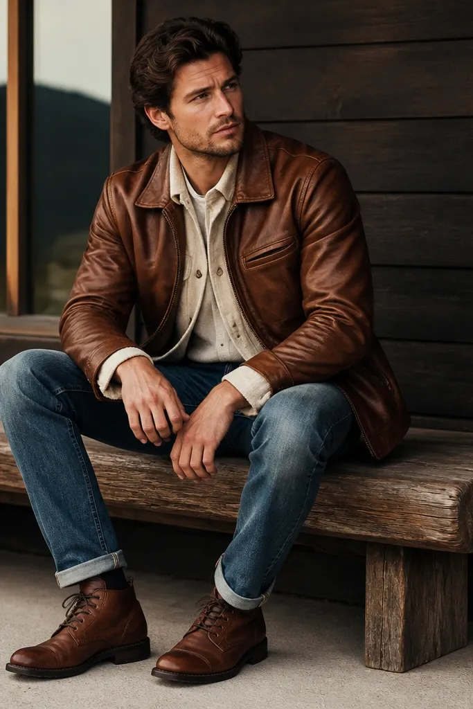 A cream flannel shirt peeking under a cognac leather jacket; medium blue jeans and brown leather shoes; the photo shows the layered collar and visible flannel cuffs.