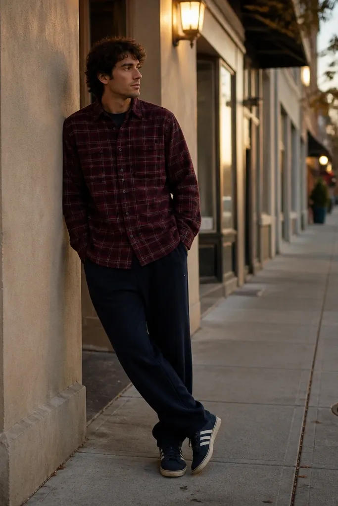 A burgundy plaid flannel worn buttoned over a dark tee, paired with navy sweatpants and classic low-profile suede sneakers; a relaxed street setting with evening lighting.